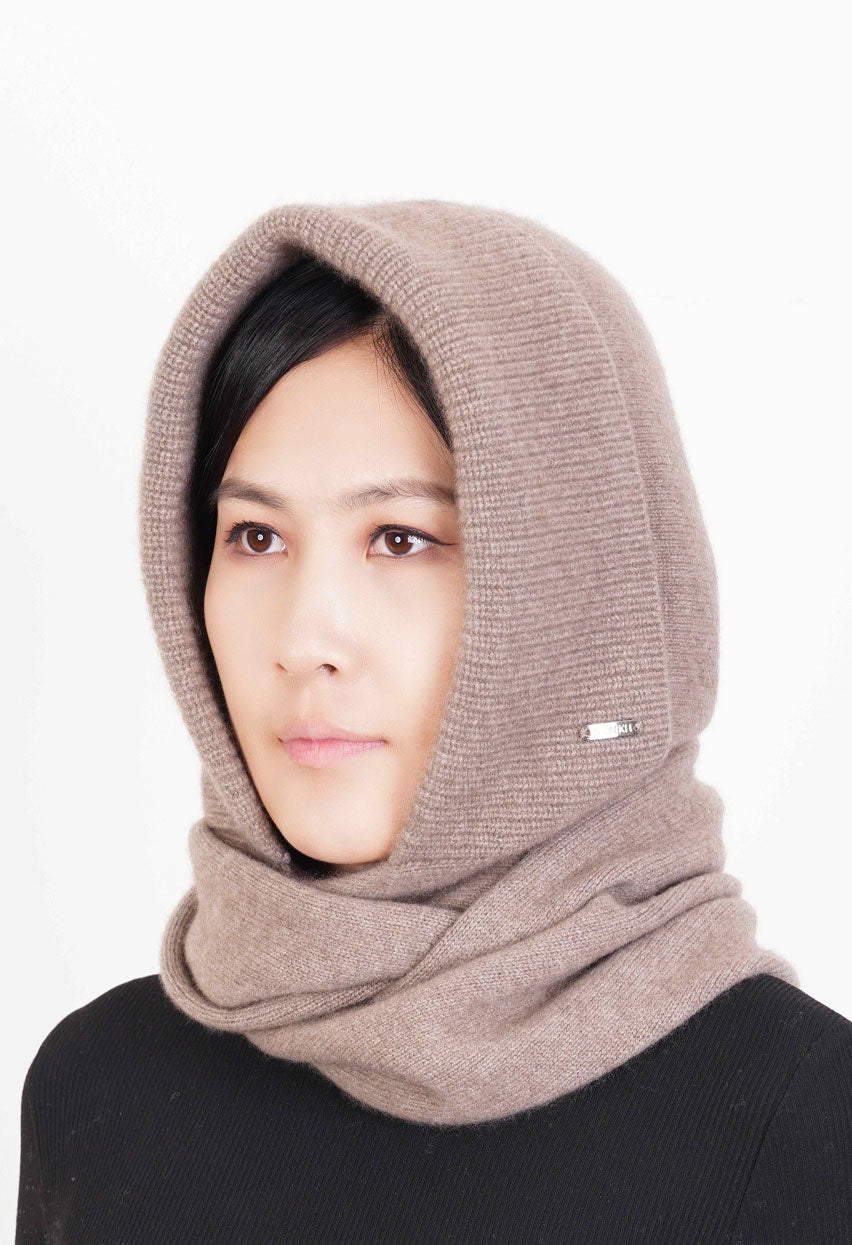 Balaclava-style hood scarf i cashmere, Natural Taupe