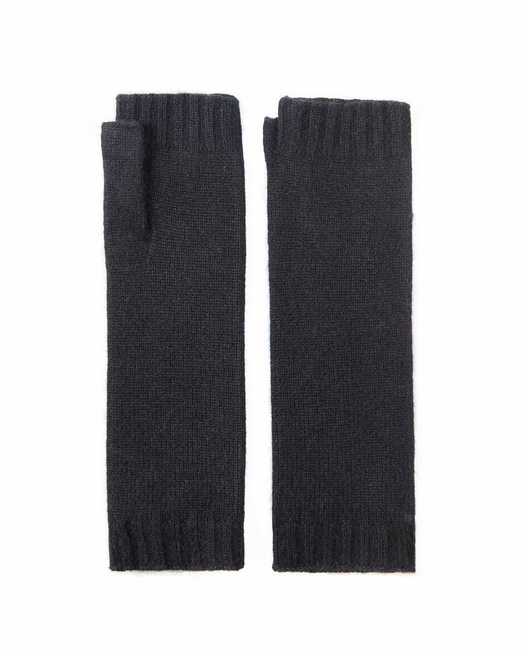 Sorte cashmere håndledsvarmere, set fladt liggende i par.