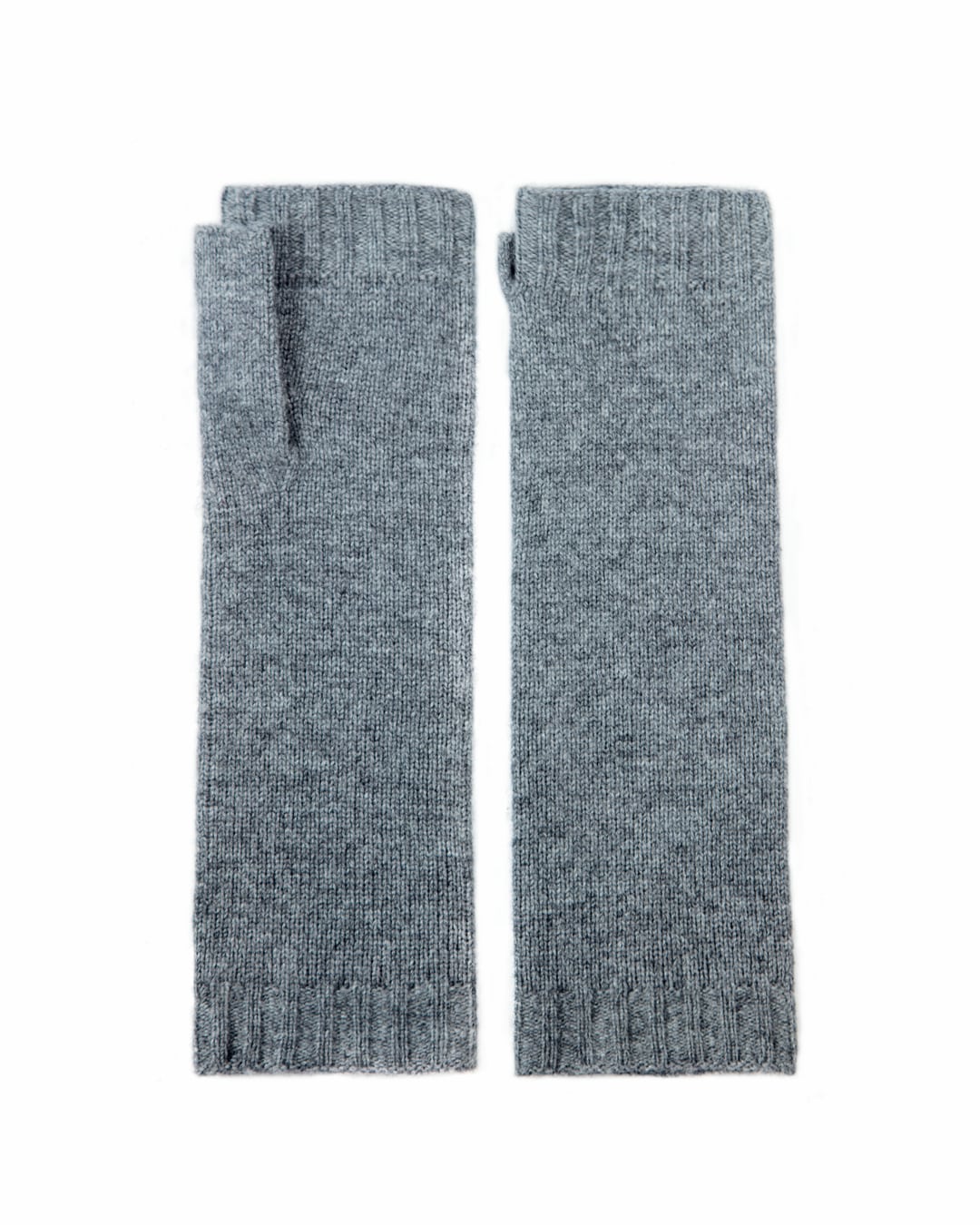 Mørkegrå cashmere håndledsvarmere, set fladt liggende i par.